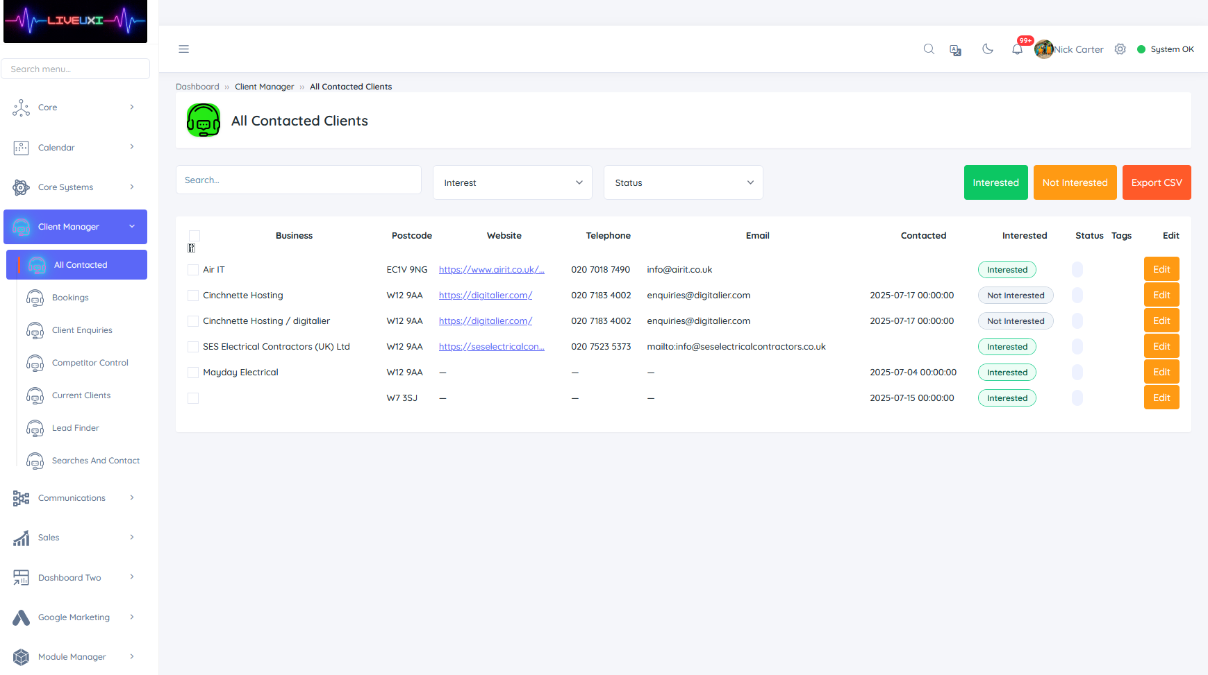 CRM all contacted clients screen