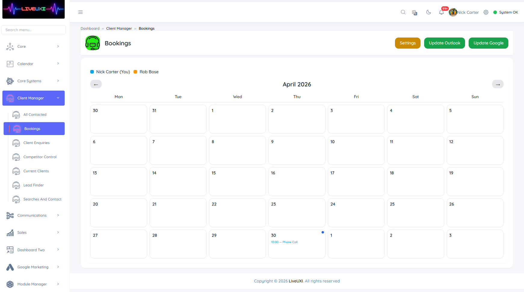 CRM bookings calendar screen