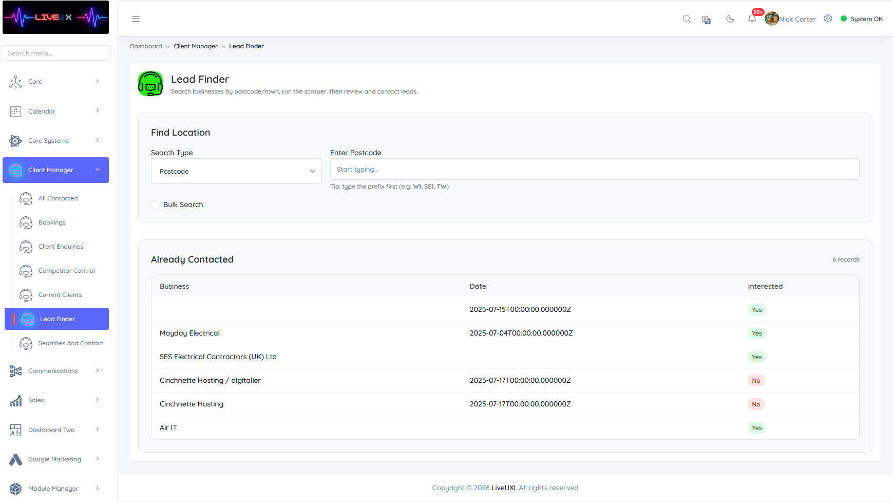 CRM lead finder screen