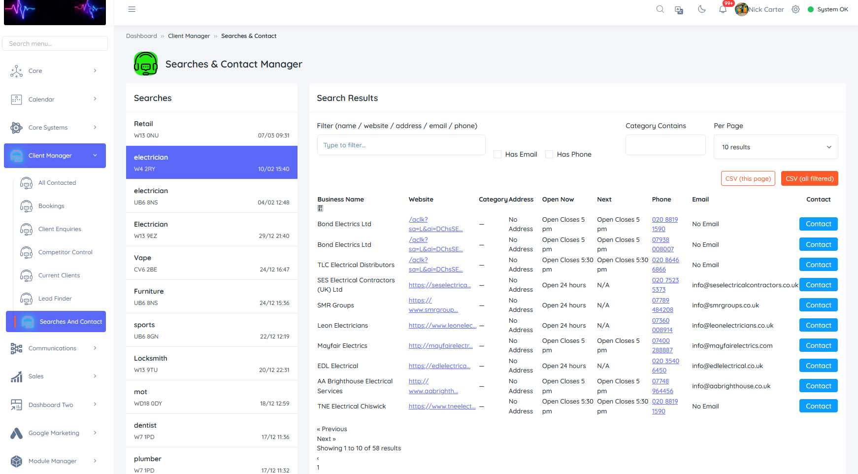 CRM searches and contact manager screen