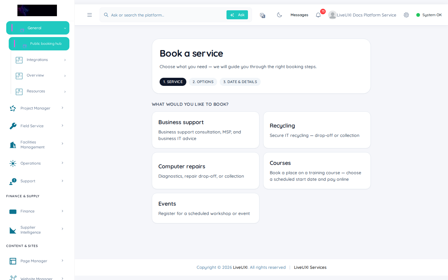 LiveUXI public booking hub configuration