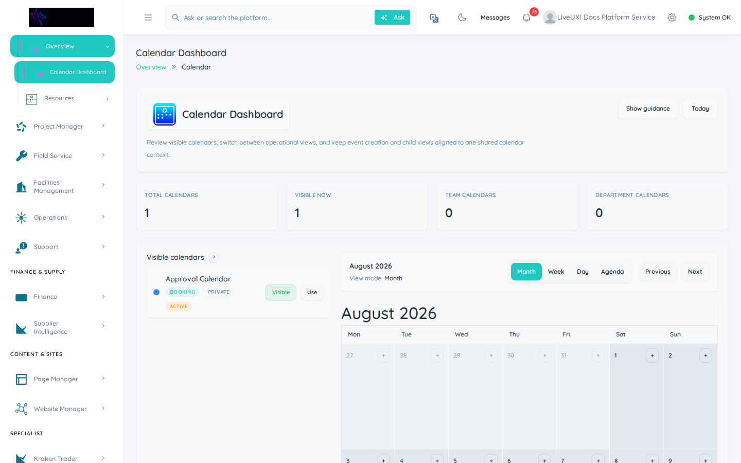 LiveUXI calendar dashboard
