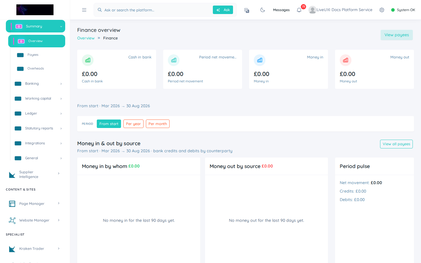 LiveUXI finance overview dashboard