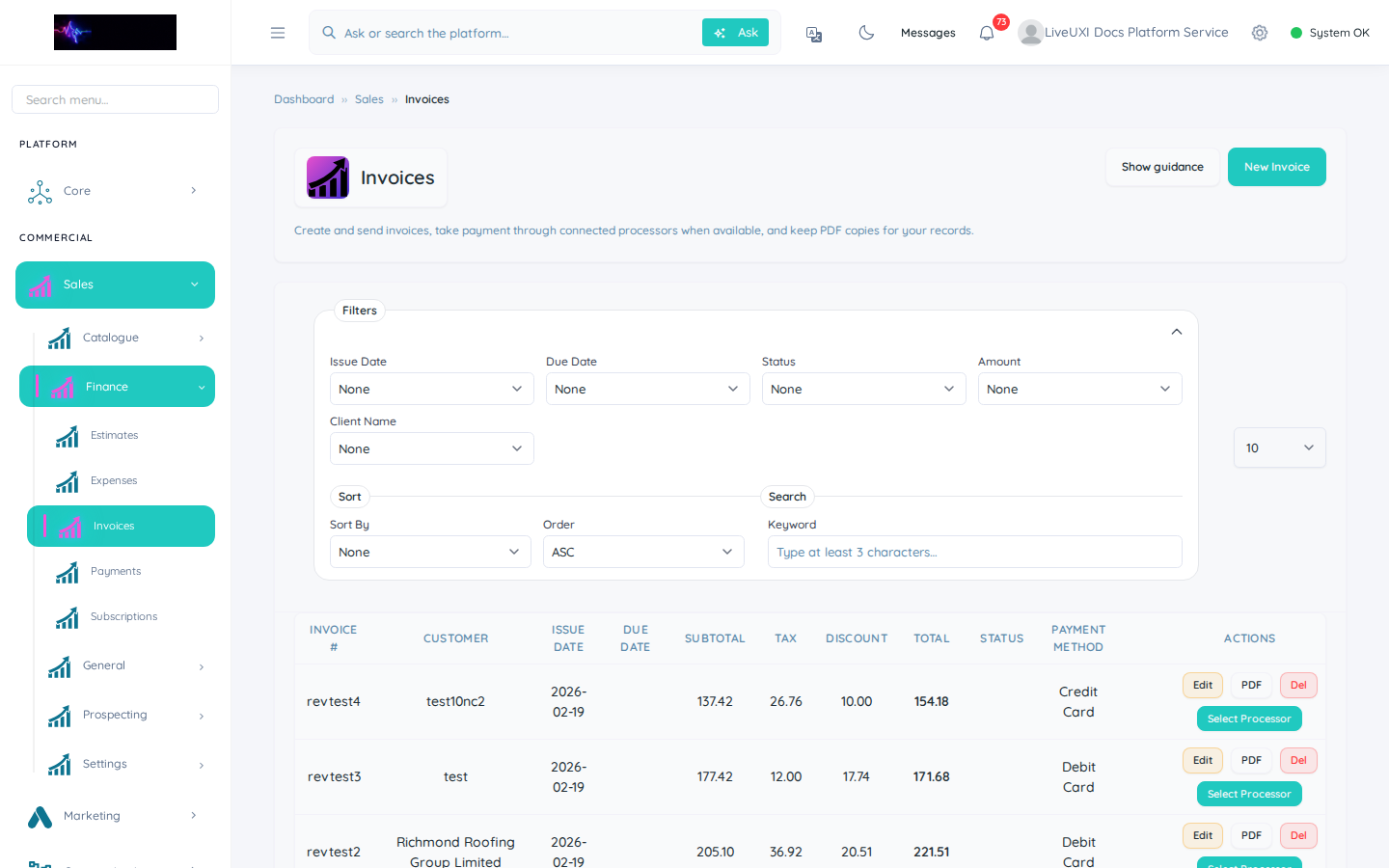 LiveUXI sales invoices list