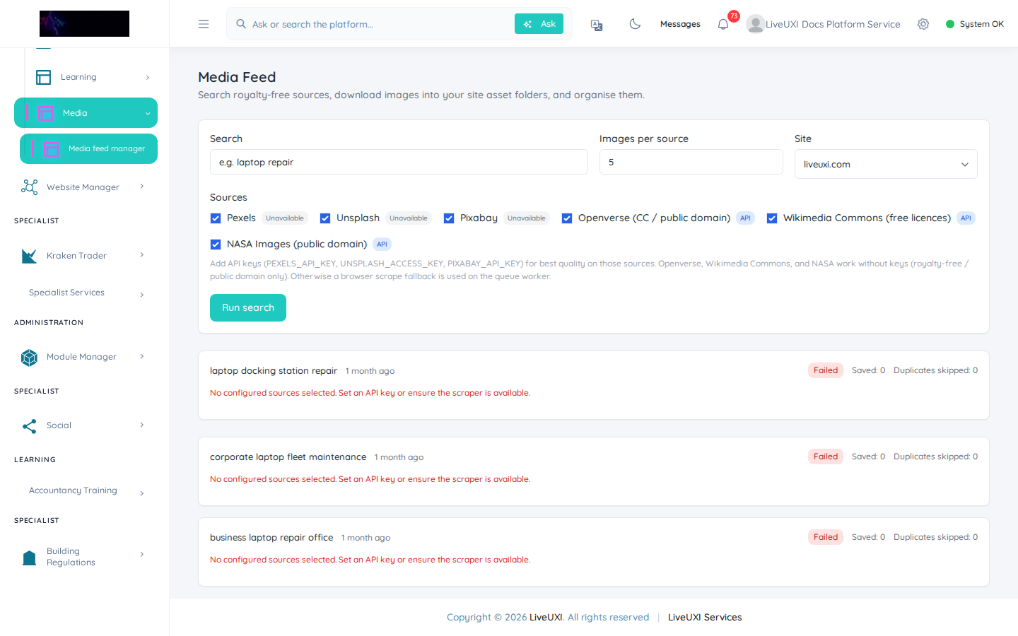 LiveUXI media feed manager