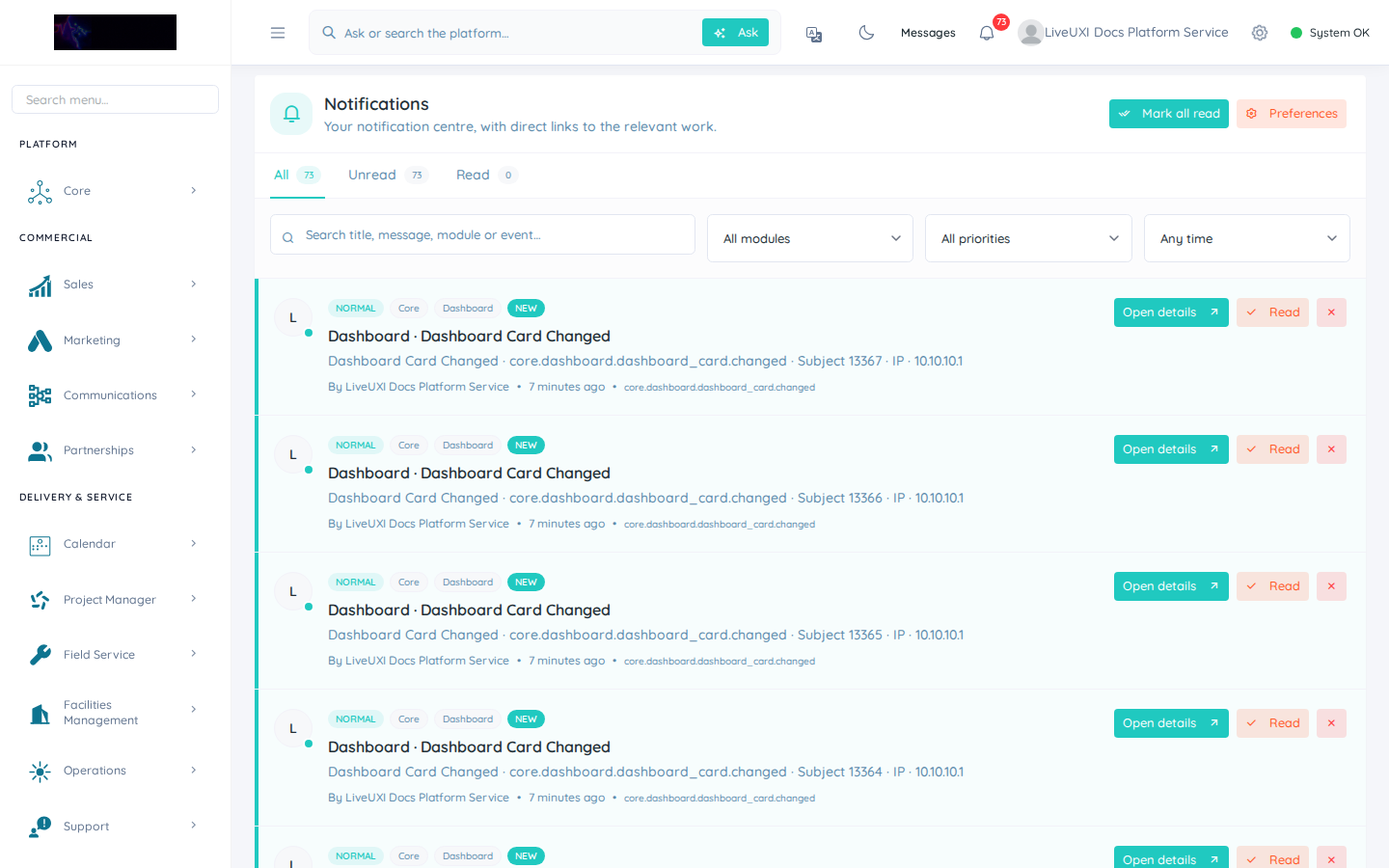 LiveUXI notifications inbox