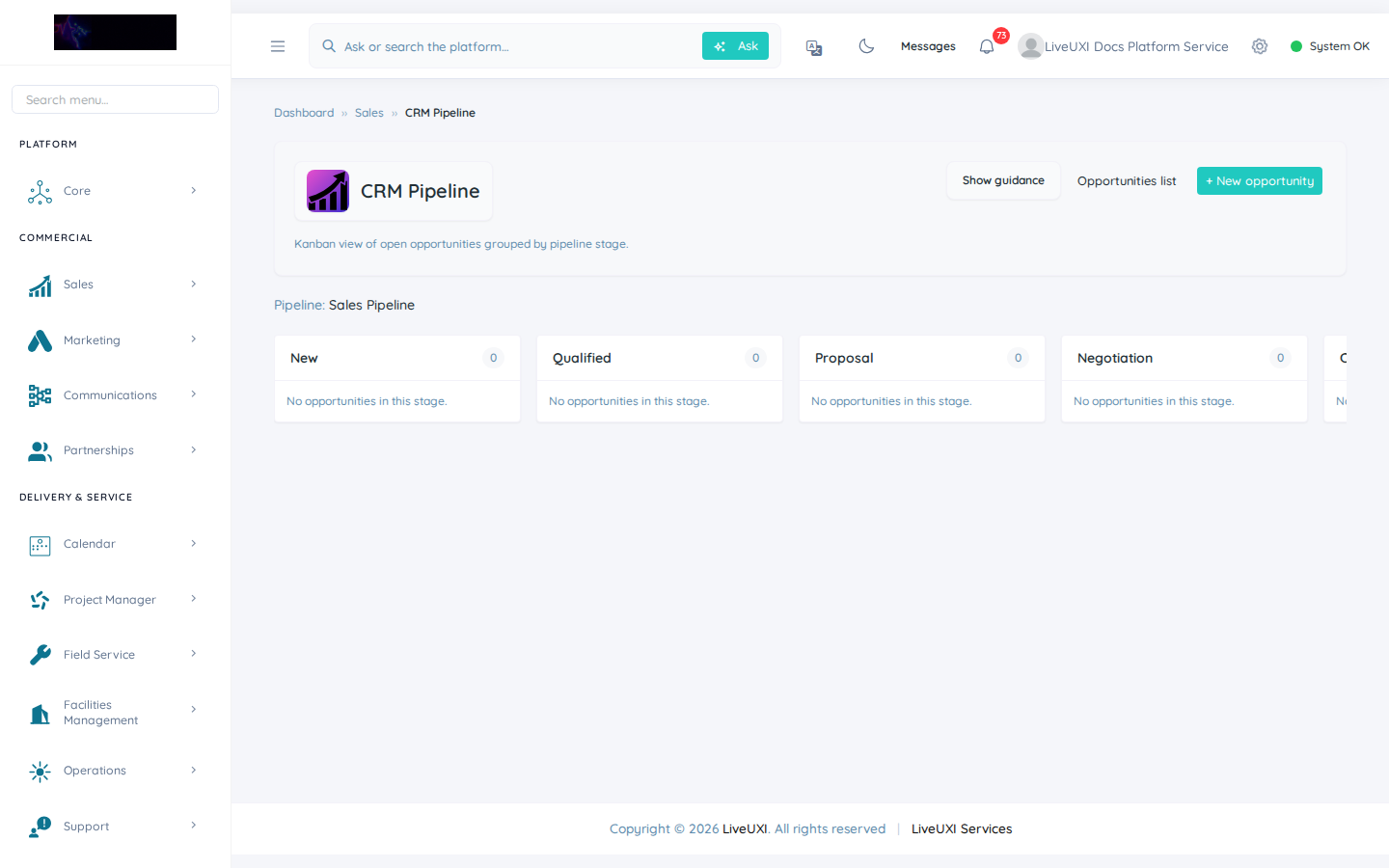 LiveUXI CRM sales pipeline board