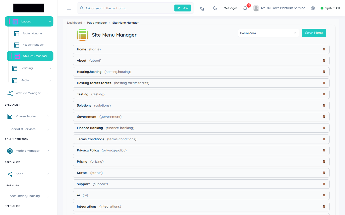 LiveUXI site menu manager