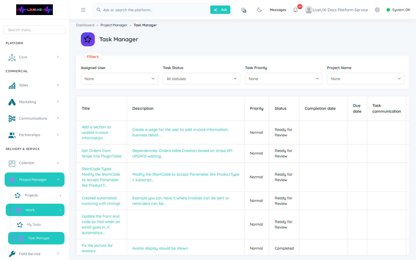 LiveUXI task manager board