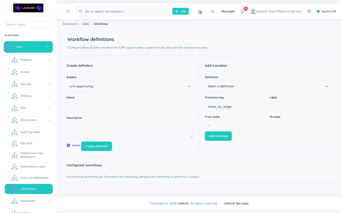 LiveUXI workflow definitions manager