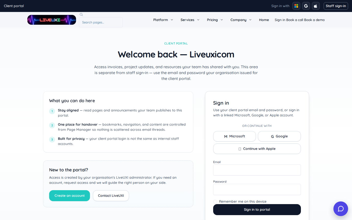 LiveUXI client portal login page