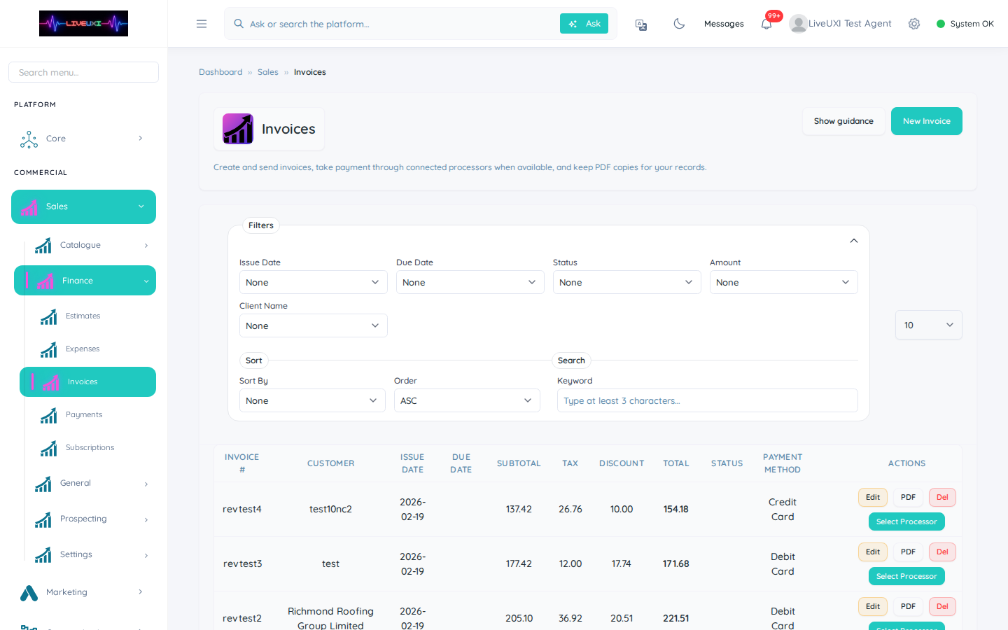 LiveUXI client portal invoices view